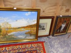 A DECORATIVE LANDSCAPE OIL PAINTINGS. TOGETHER WITH A DOG PORTRAIT AND TWO PRINTS. SIZES VARY