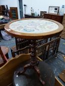 A VICTORIAN MAHOGANY TRIPOD TABLE, THE CIRCULAR TOP GLAZED OVER FLORAL SILK WORK, THE BARLEY TWIST