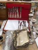 A SMALL HALLMARKED SILVER CUP, A KINGS PATTERN PLATED CUTLERY SERVICE, OTHER PLATED WARES ETC.