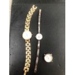 A 9ct GOLD HALLMARKED GENIVE WATCH, A CARVEL SILVER WATCH AND A FURTHER SILVER HEAD ONLY.