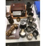 VARIOUS PEWTER TANKARDS, A WALL CALENDAR, A MINERS LAMP, MODERN BRASS CHESS SET, AND A VINTAGE BUS