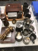VARIOUS PEWTER TANKARDS, A WALL CALENDAR, A MINERS LAMP, MODERN BRASS CHESS SET, AND A VINTAGE BUS