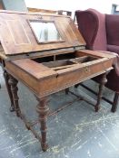 A 19th C. LINE INLAID WALNUT POUDREUSE TABLE, THE MIRROR LINED LID OPENING OVER DRAWERS,