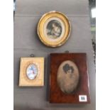 A BURR WALNUT FRAMED ENGRAVED PORTRAIT, A HAND PAINTED MINIATURE FLOWER STUDY BY ARTHUR LEETE