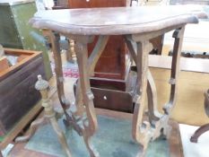 A 19th C. AND LATER EUROPEAN WALNUT CONSOLE TABLE SUPPORTED ON LYRE SHAPED BRACKET LEGS. W 79 x D 39