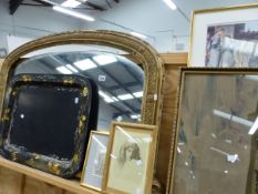 AN ANTIQUE VICTORIAN GILT OVERMANTLE MIRROR 58 x 103 cms AND A REGENCY PAPIER MACHE TRAY, TOGETHER