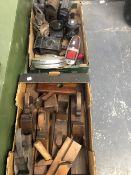 A QUANTITY OF VINTAGE CARRIAGE LAMPS AND VARIOUS WOOD WORKING TOOLS.