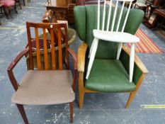 A 20th C. WING BACKED CHAIR, TWO OTHER CHAIRS, A LLOYD LOOM TYPE CHAIR AND AN OTTOMAN CONTAINING