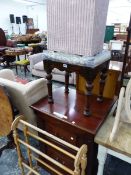 A MAHOGANY TWO DRAWER FILING CABINET, A VICTORIAN MAHOGANY STOOL, A LLOYD LOOM BOX STOOL TOGETHER