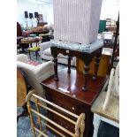 A MAHOGANY TWO DRAWER FILING CABINET, A VICTORIAN MAHOGANY STOOL, A LLOYD LOOM BOX STOOL TOGETHER