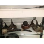 TWO PAIRS OF EASTERN STIRRUPS, A CANNON BALL, A WHITE METAL MOUNTED HORN, ETC.
