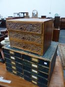 AN INDIAN HARDWOOD MINIATURE CHEST OF THREE FOLIATE CARVED DRAWERS. W 35cms. TOGETHER WITH A GREEN