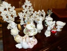 A COLLECTION OF PORCELAIN FIGURINES TOGETHER WITH A EDWARDIAN CUTLERY BOX AND CONTENTS.