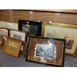 A ANTIQUE FRENCH LANDSCAPE PRINT TOGETHER WITH OTHER DECORATIVE PICTURES, SOME OF HORSE RELATED