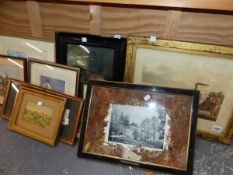 A ANTIQUE FRENCH LANDSCAPE PRINT TOGETHER WITH OTHER DECORATIVE PICTURES, SOME OF HORSE RELATED