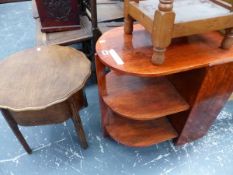 A 20th C. OAK COFFEE TABLE EACH OF THE THREE SHELVES WITH A ROUNDED NARROW END. W 62 x D 40 x H