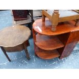 A 20th C. OAK COFFEE TABLE EACH OF THE THREE SHELVES WITH A ROUNDED NARROW END. W 62 x D 40 x H