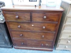 A 19th C. MAHOGANY CHEST OF TWO SHORT AND THREE GRADED LONG DRAWERS AND THE PLINTH FOOT. W 113 x D