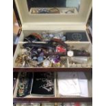 A GOOD SELECTION OF VINTAGE AND MODERN COSTUME JEWELLERY, WATCHES, CUFFLINK'S CONTAINED IN A