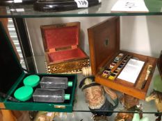 A VICTORIAN OAK WRITING BOX, A REEVE AND SONS WATER COLOURISTS BOX, A VENUS DRAWING SET, AN ART DECO