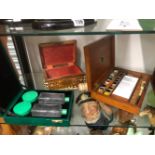 A VICTORIAN OAK WRITING BOX, A REEVE AND SONS WATER COLOURISTS BOX, A VENUS DRAWING SET, AN ART DECO