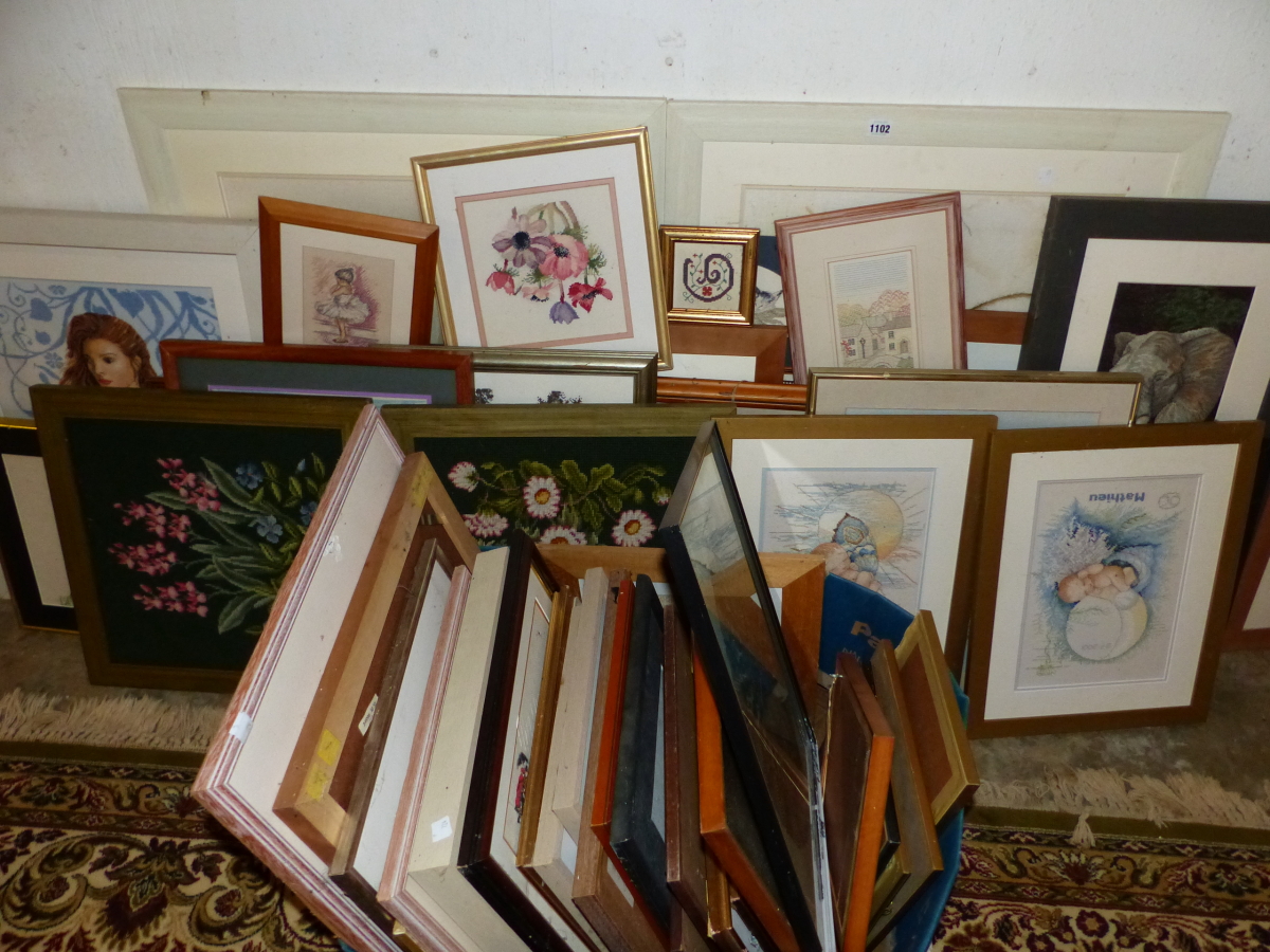 A QUANTITY OF FURNISHING PRINTS, EMBROIDERED PICTURES ETC.