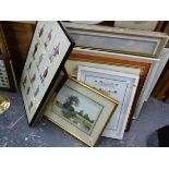 A COLLECTION OF DECORATIVE FURNISHING PICTURES, INCLUDING A LANDSCAPE WATERCOLOUR ETC