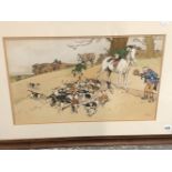 A COLOUR PRINT OF A COMIC HUNT SCENE AFTER CECIL ALDIN 36 x 58cms, TOGETHER WITH A DECORATIVE MAP