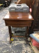 A 19th C. FRENCH MAHOGANY POUDREUSE WORK TABLE, THE MIRROR LINED LID OVER COMPARTMENTS ABOVE A