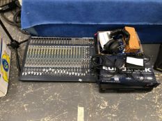 A BEHRINGER EAVO DESK MX2442A MIXING DESK WITH EXTERNAL POWER SUPPLY UNIT AND VARIOUS LEADS, A