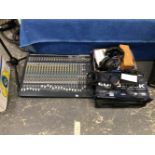 A BEHRINGER EAVO DESK MX2442A MIXING DESK WITH EXTERNAL POWER SUPPLY UNIT AND VARIOUS LEADS, A