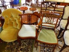 VICTORIAN UPHOLSTERED NURSING CHAIR, A CORNER ARMCHAIR AND TWO SIDE CHAIRS.