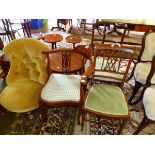 VICTORIAN UPHOLSTERED NURSING CHAIR, A CORNER ARMCHAIR AND TWO SIDE CHAIRS.