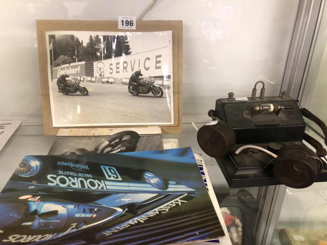 A BBC CRYSTAL SET RECEIVER, TOGETHER WITH VINTAGE MOTOR RACING POSTERS ETC.