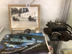 A BBC CRYSTAL SET RECEIVER, TOGETHER WITH VINTAGE MOTOR RACING POSTERS ETC.