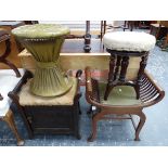 A VICTORIAN MAHOGANY PIANO STOOL, THE CIRCULAR SEAT ADJUSTABLE ABOVE THE THREE REEDED LEGS