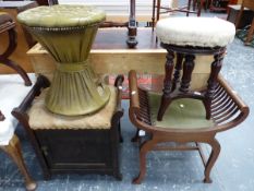 A VICTORIAN MAHOGANY PIANO STOOL, THE CIRCULAR SEAT ADJUSTABLE ABOVE THE THREE REEDED LEGS