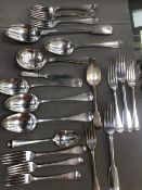 A QUANTITY OF SILVER PLATE CUTLERY INCLUDING A LARGE SERVING SPOON.