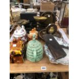 FOUR VINTAGE TEA POTS, KITCHEN SCALES, A PAIR OF BINOCULARS, ETC.