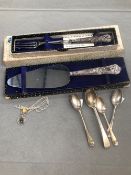 A SILVER HANDLED CAKE SLICE AND PICKLE FORK, FOUR SILVER TEA SPOONS AND A VINTAGE SPIDER AND WEB