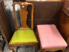 AN 18th C. WALNUT CHAIR WITH DROP IN SEAT ABOVE CABRIOLE LEGS TOGETHER WITH A LATER MAHOGANY STOOL