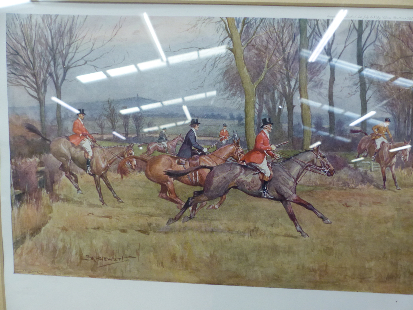 AFTER F.A. STEWART. A PENCIL SIGNED VINTAGE COLOUR PRINT OF A HUNT SCENE. 24 x 64cms. TOGETHER - Image 3 of 10