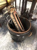 AN OAK COAL BUCKET AND AN ETHNIC STYLE CARVING.