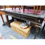 A 19th C. BRASS INLAID EBONY WRITING TABLE WITH RED LEATHER INSET TOP ABOVE TWO DRAWERS AND SQUARE