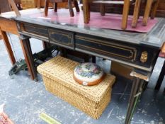 A 19th C. BRASS INLAID EBONY WRITING TABLE WITH RED LEATHER INSET TOP ABOVE TWO DRAWERS AND SQUARE