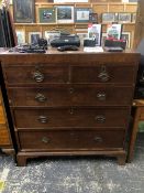 A 19th C. MAHOGANY CROSS BANDED OAK CHEST OF TWO SHORT AND THREE GRADED LONG DRAWERS ON BRACKET
