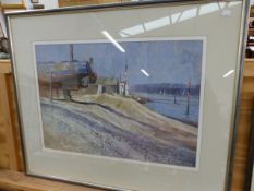 ALAN SIMPSON (CONTEMPORARY SCHOOL) ARR. LANGSTONE HARBOUR, SIGNED, PASTEL. 49 x 70cms