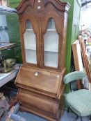 A 20th C. EUROPEAN OAK BUREAU BOOKCASE, THE UPPER HALF WITH GLAZED DOORS BELOW THE TREFOIL