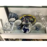 A MASONS BLUE AND WHITE SMALL JUG, A JAPANESE DECORATED PLATE, THREE EARLY GLASSES, AND BLUE AND