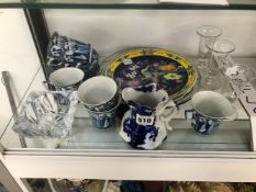 A MASONS BLUE AND WHITE SMALL JUG, A JAPANESE DECORATED PLATE, THREE EARLY GLASSES, AND BLUE AND